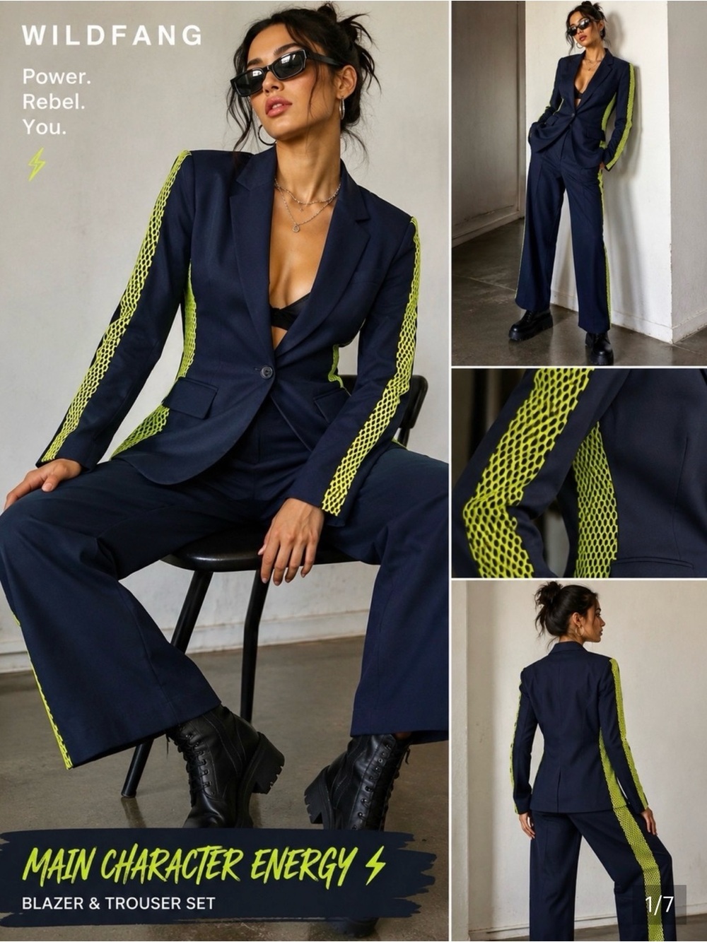 Wildfang Navy Blazer & Wide-Leg Trouser Set with Lime Trim